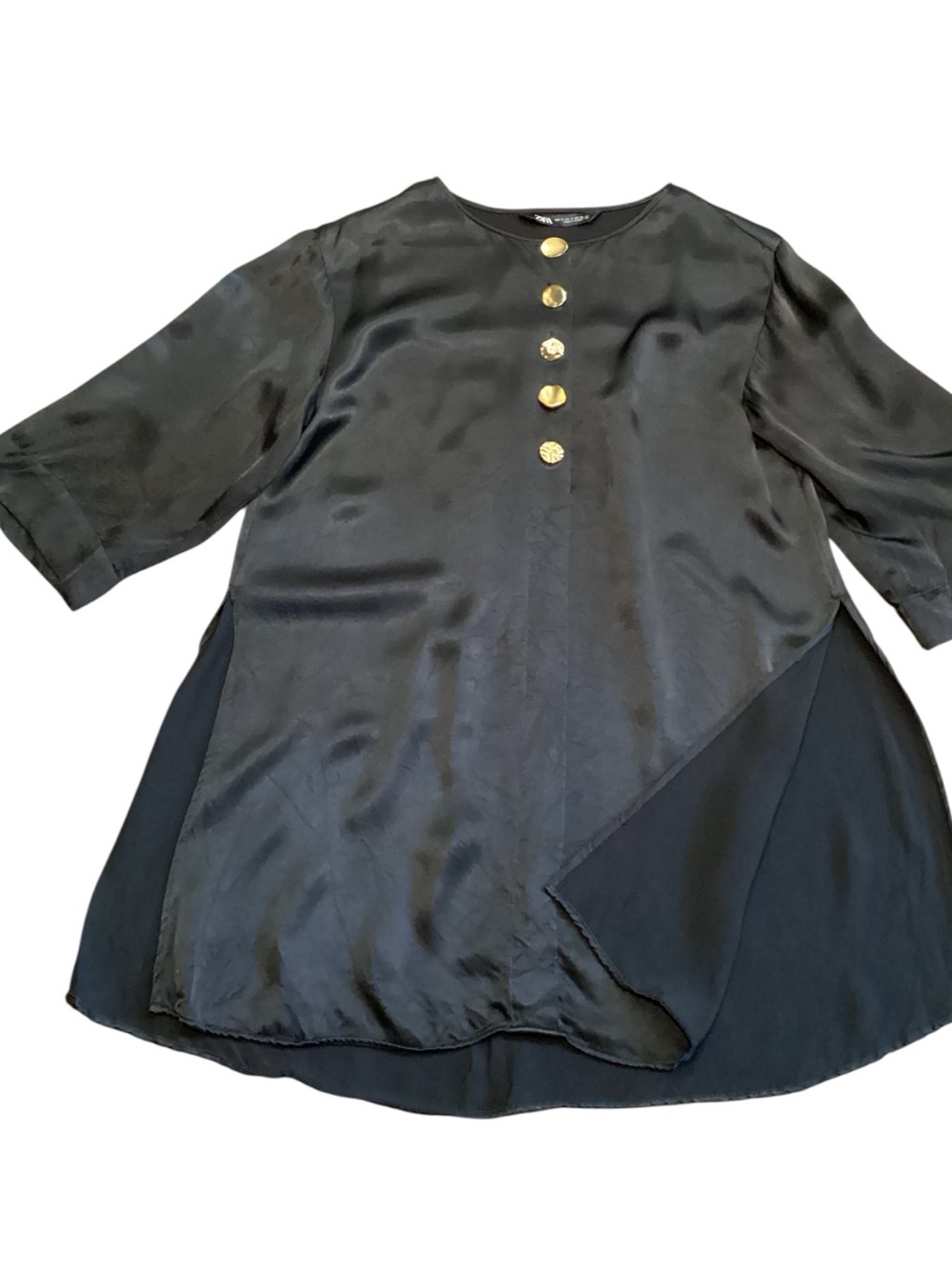 Zara Black Satin Look Tunic Blouse Gold Button Detail 3/4 Sleeve Small Oversized